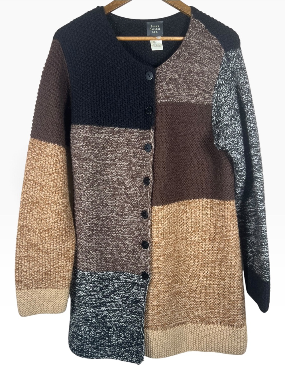 Susan Bristol Wool Patchwork Long Cardigan Sweater Women XL Lagenlook Artsy Boho